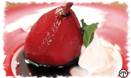 Recipe:  Glazed Wine Poached Pears with Pudding Filling and Whipped Cream