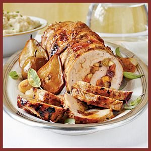 Spicy Fruit-Stuffed Pork Loin with Roasted Pears and Onions by MyRecipes.com