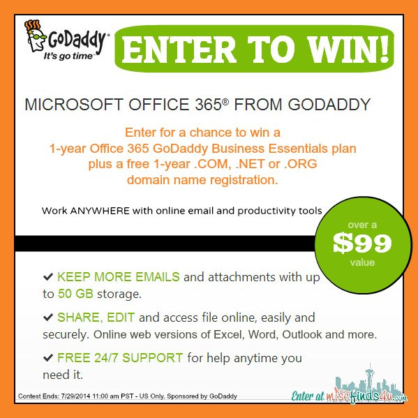  win a 1-year Office 365 GoDaddy Business Essentials plan (a $99 value) in addition to a 1-year .COM, .NET or .ORG domain name registration. - sponsored