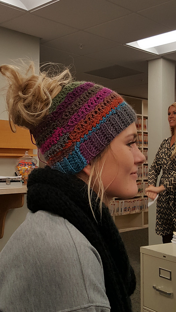 The Viral Messy Bun Hat by Stacey Thorngren that started the Messy Bun Crochet Hat Phenomenon that took over the Internet - it's available for sale on Ravelry