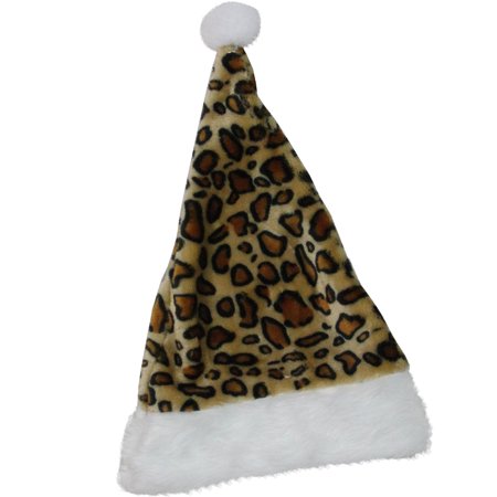 17.5" Brown and White Cheetah Print Christmas Santa Hat with White Faux Fur Brim