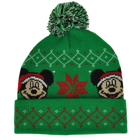 Disney Mickey Mouse Christmas Fair Isle Pom Cuffed Beanie Knit Hat Winter Toque